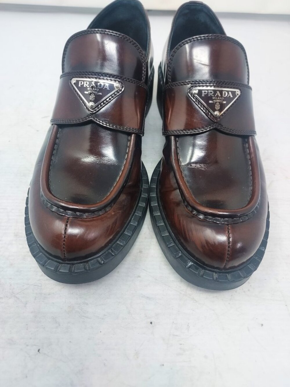 Prada WOMENS Logo Burgundy Red Brown Chocolate Brushed Leather Shoe - Picture 4 of 11